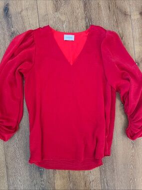 Adrienne Bold Red V-Neck Puff Sleeve Top